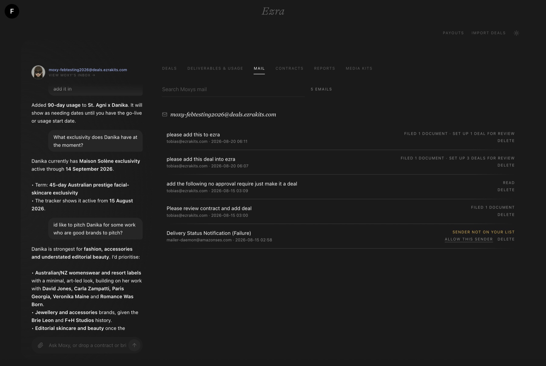 Ezra's inbox with forwarded brand emails filed as documents and deals